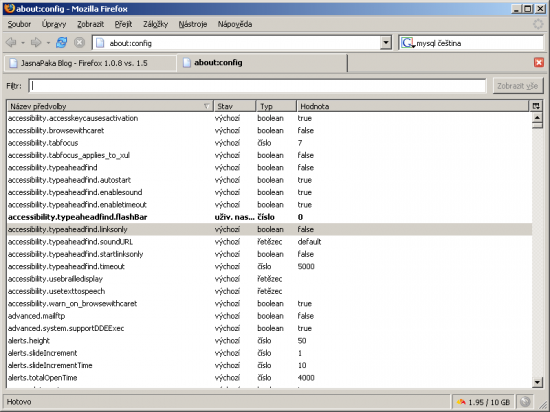 Stránka about:config ve Firefoxu
