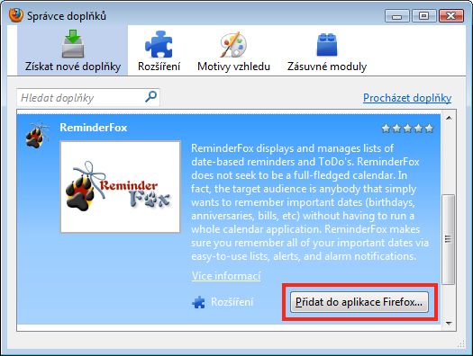 Instalace doplňku ze Správce doplňků