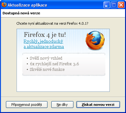 Dialog s nabídkou aktualizace na Firefox 4.0