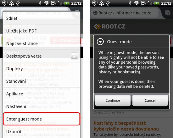 Guest Mode Firefoxu pro Android