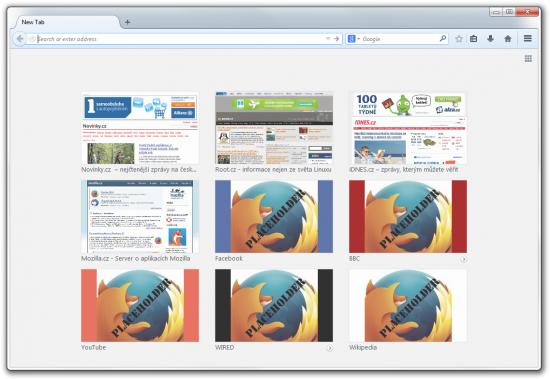 Nový panel Firefoxu po návštěvě několika webů