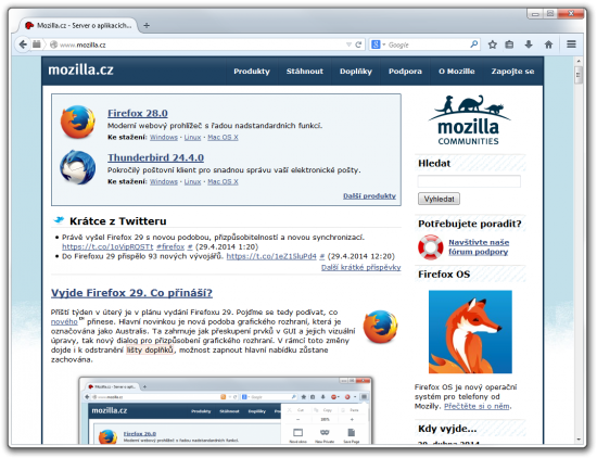 Hlavní okno Firefoxu 29