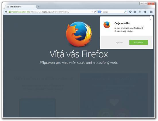 Úvodní obrazovka Firefoxu 29