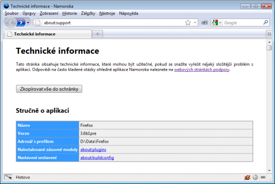 Stránka s technickými informacemi o Firefoxu