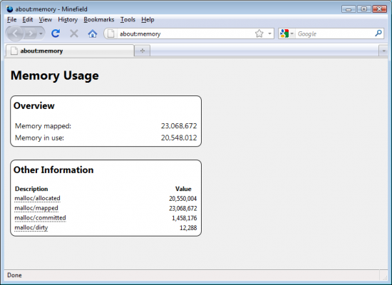 Stránka about:memory ve Firefoxu 3.7