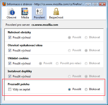 Nastavení povolení pro stránku ve Firefoxu