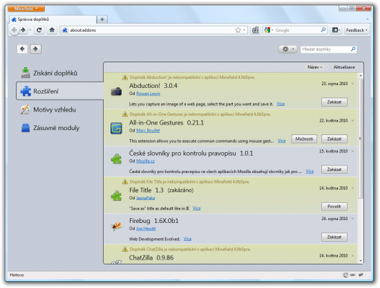 Správce doplňku Firefoxu 4.0