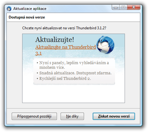 Okno s nabídkou aktualizace na Thunderbird 3.1