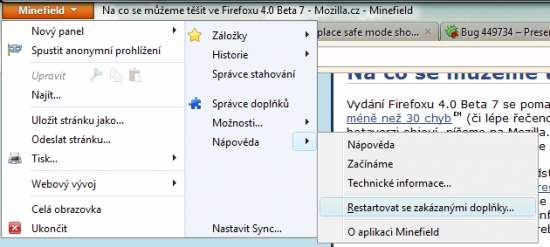 Restart Firefoxu bez rozšíření