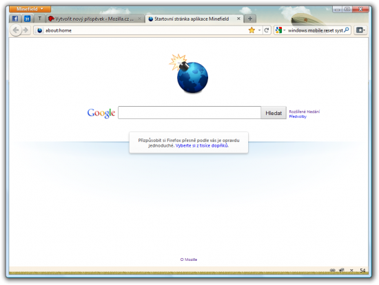 Vzhled stránky about:home ve Firefoxu 4.0