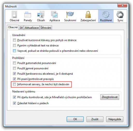 Dialog Možnosti Firefoxu 4