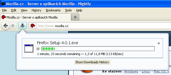 Průběh stahování v novém Správci stahování Firefoxu