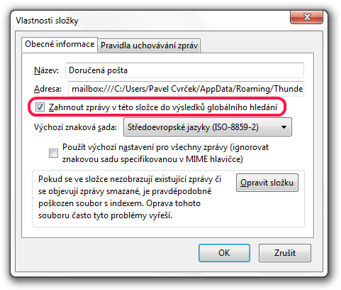 Zahrnutí složky Thunderbirdu do vyhledávání