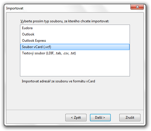 Thunderbird 5 a import z vCard