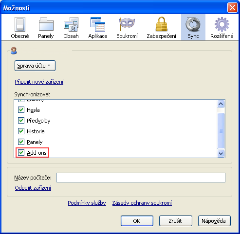 Synchronizace doplňků ve Firefoxu