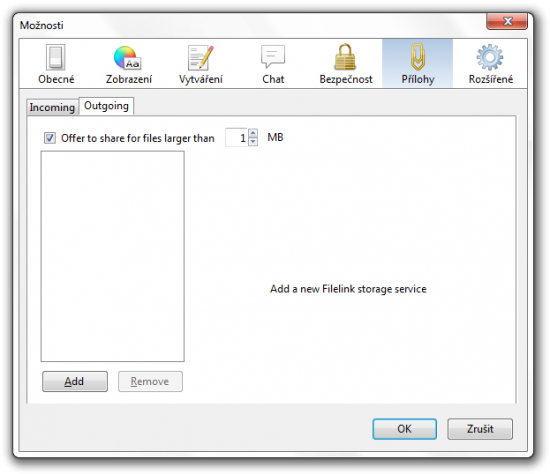 Konfigurace posílání velkých příloh v Thunderbirdu