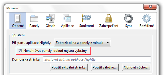 Obnova panelů po startu Firefoxu