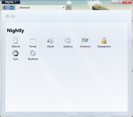 Předvolby Firefoxu v panelu