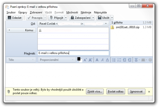 Poštovní zpráva s velkou přílohou