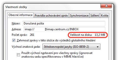 Zjištění velikosti složky v Thunderbirdu