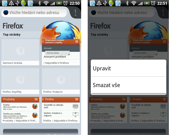 Úprava domovské stránky Firefoxu pro Android