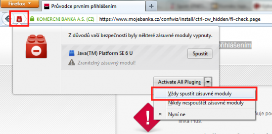 Zablokování Javy na webu Komerční banky