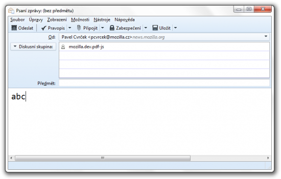 Okno psaní nové zprávy v Thunderbirdu
