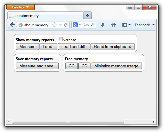 Stránka about:memory ve Firefoxu