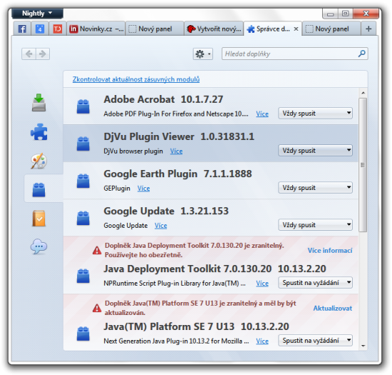 Aktivování zásuvných modulů ve Firefoxu
