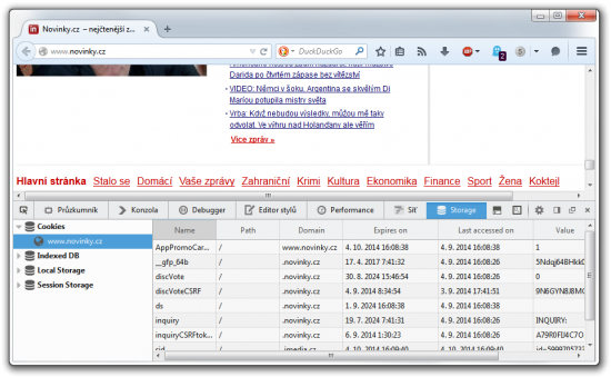Storage v nástrojích pro vývojáře Firefoxu