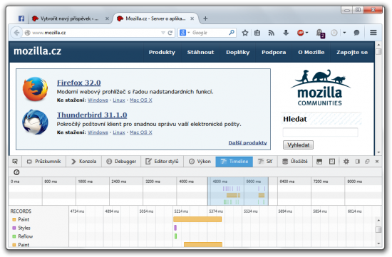 Timeline ve vývojářských nástrojích Firefoxu