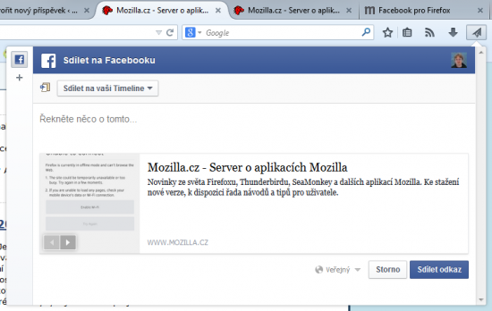 Okno sdílení ve Firefoxu