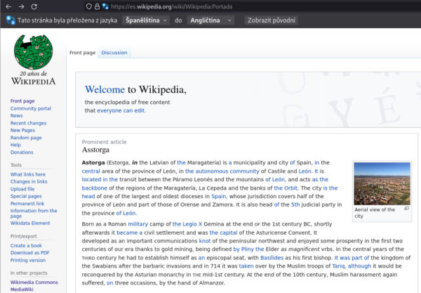 Překlad španělské Wikipedie ve Firefoxu Nightly